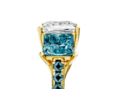 Yellow gold Three-Stone Princess Cut Diamond Ring with Round with Blue Topaz side stone Pavé Band and Prong Setting_5
