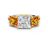 Yellow gold Three-Stone Princess Cut Diamond Ring with Round with Citrine side stone Pavé Band and Prong Setting