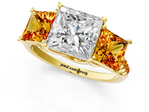 Yellow gold Three-Stone Princess Cut Diamond Ring with Round with Citrine side stone Pavé Band and Prong Setting_1