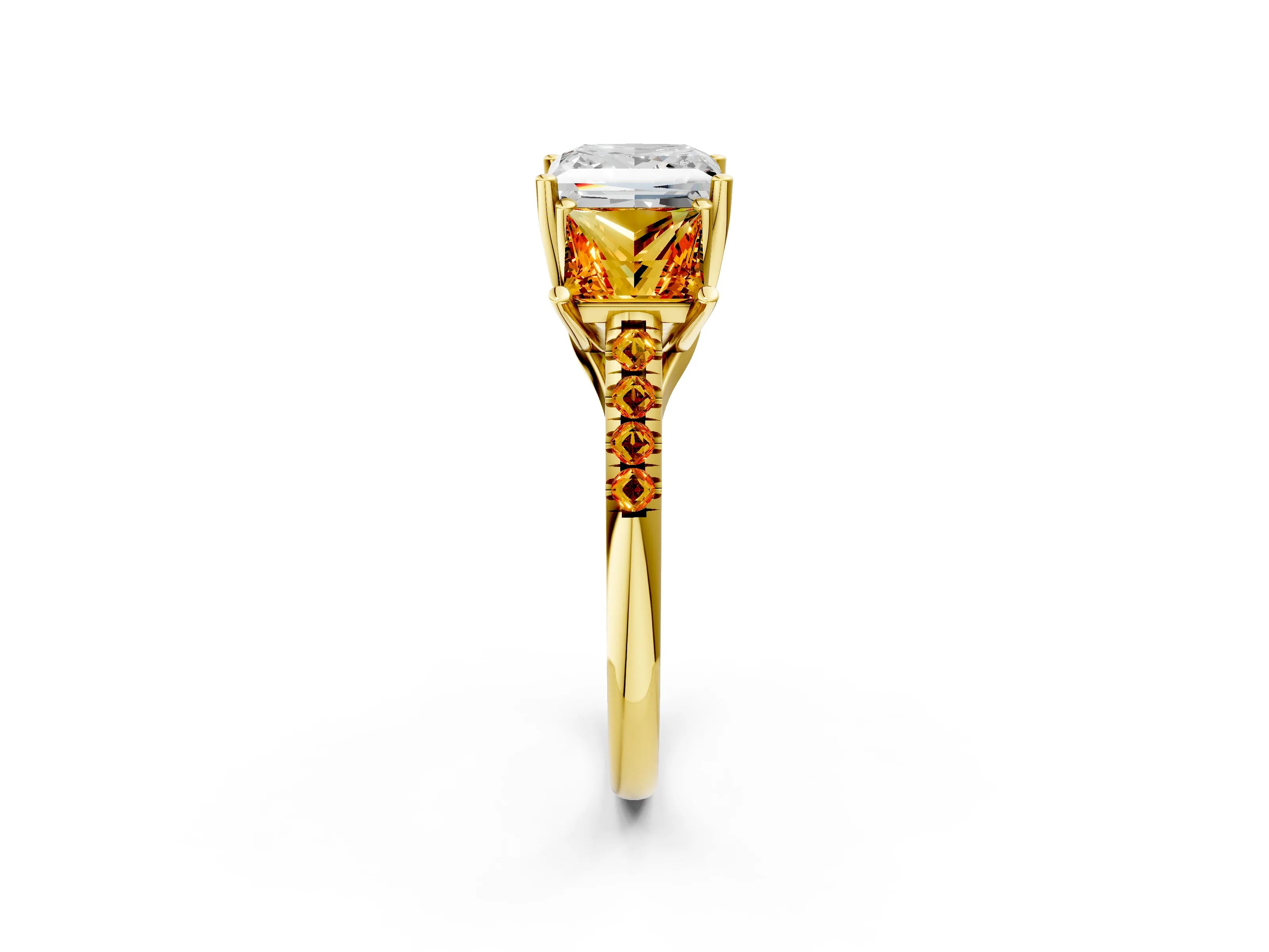 Yellow gold Three-Stone Princess Cut Diamond Ring with Round with Citrine side stone Pavé Band and Prong Setting_2