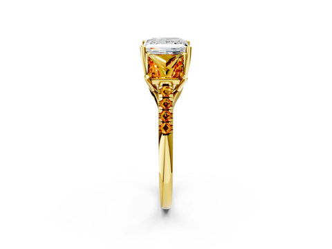 Yellow gold Three-Stone Princess Cut Diamond Ring with Round with Citrine side stone Pavé Band and Prong Setting_2