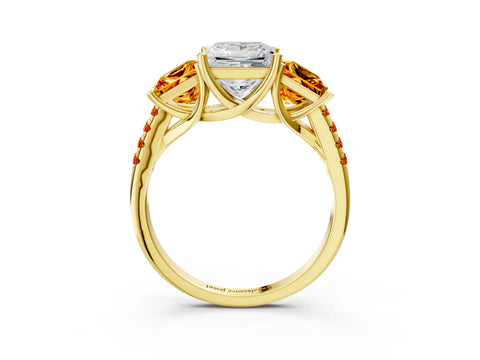 Yellow gold Three-Stone Princess Cut Diamond Ring with Round with Citrine side stone Pavé Band and Prong Setting_3