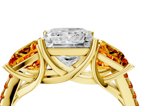 Yellow gold Three-Stone Princess Cut Diamond Ring with Round with Citrine side stone Pavé Band and Prong Setting_4