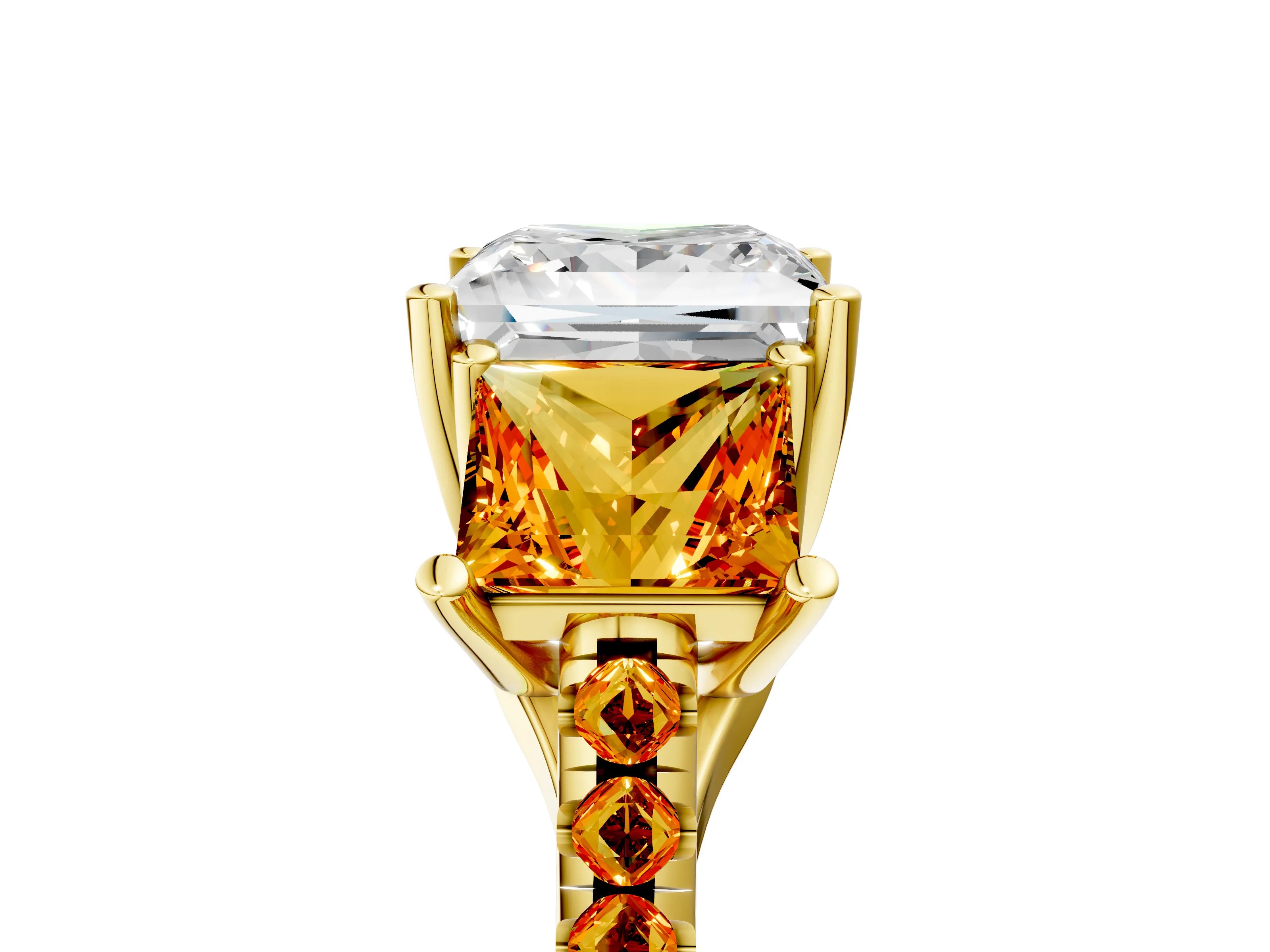 Yellow gold Three-Stone Princess Cut Diamond Ring with Round with Citrine side stone Pavé Band and Prong Setting_5