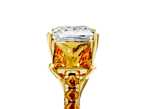 Yellow gold Three-Stone Princess Cut Diamond Ring with Round with Citrine side stone Pavé Band and Prong Setting_5