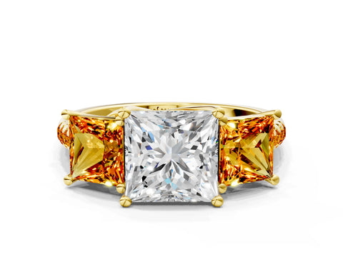 Yellow gold Three-Stone Princess Cut Diamond Ring with Round with Citrine side stone Pavé Band and Prong Setting