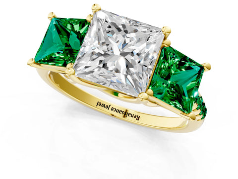 Yellow gold Three-Stone Princess Cut Diamond Ring with Round with Emerald side stone Pavé Band and Prong Setting_1