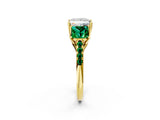 Yellow gold Three-Stone Princess Cut Diamond Ring with Round with Emerald side stone Pavé Band and Prong Setting_2