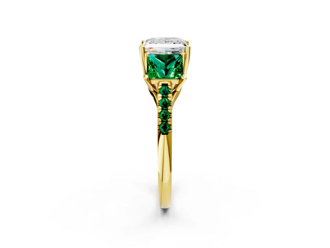Yellow gold Three-Stone Princess Cut Diamond Ring with Round with Emerald side stone Pavé Band and Prong Setting_2