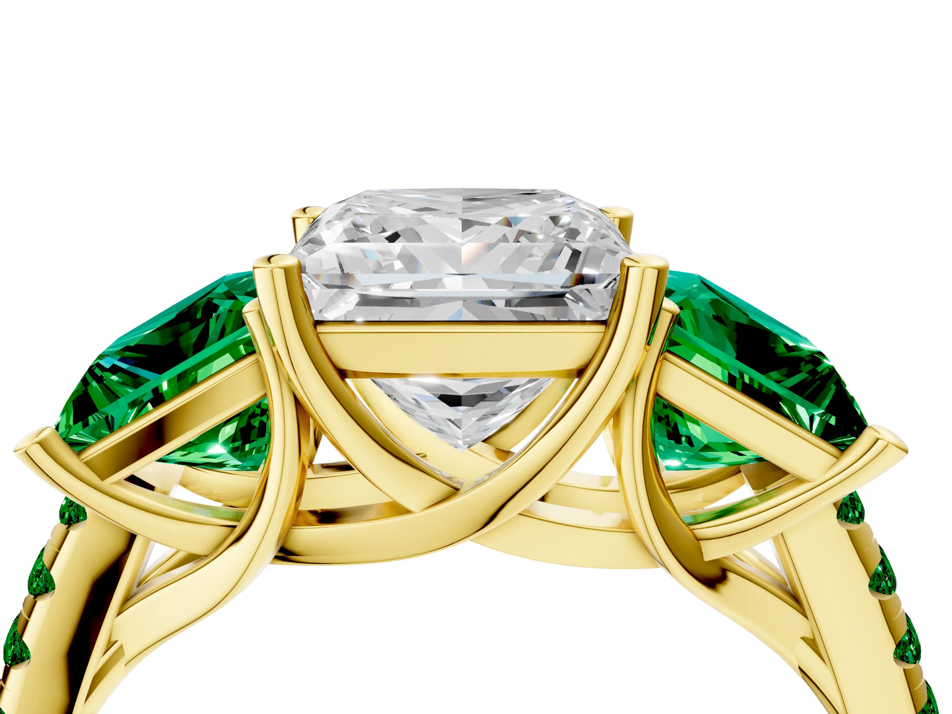 Yellow gold Three-Stone Princess Cut Diamond Ring with Round with Emerald side stone Pavé Band and Prong Setting_4