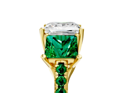 Yellow gold Three-Stone Princess Cut Diamond Ring with Round with Emerald side stone Pavé Band and Prong Setting_5