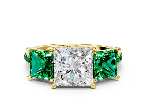 Yellow gold Three-Stone Princess Cut Diamond Ring with Round with Emerald side stone Pavé Band and Prong Setting