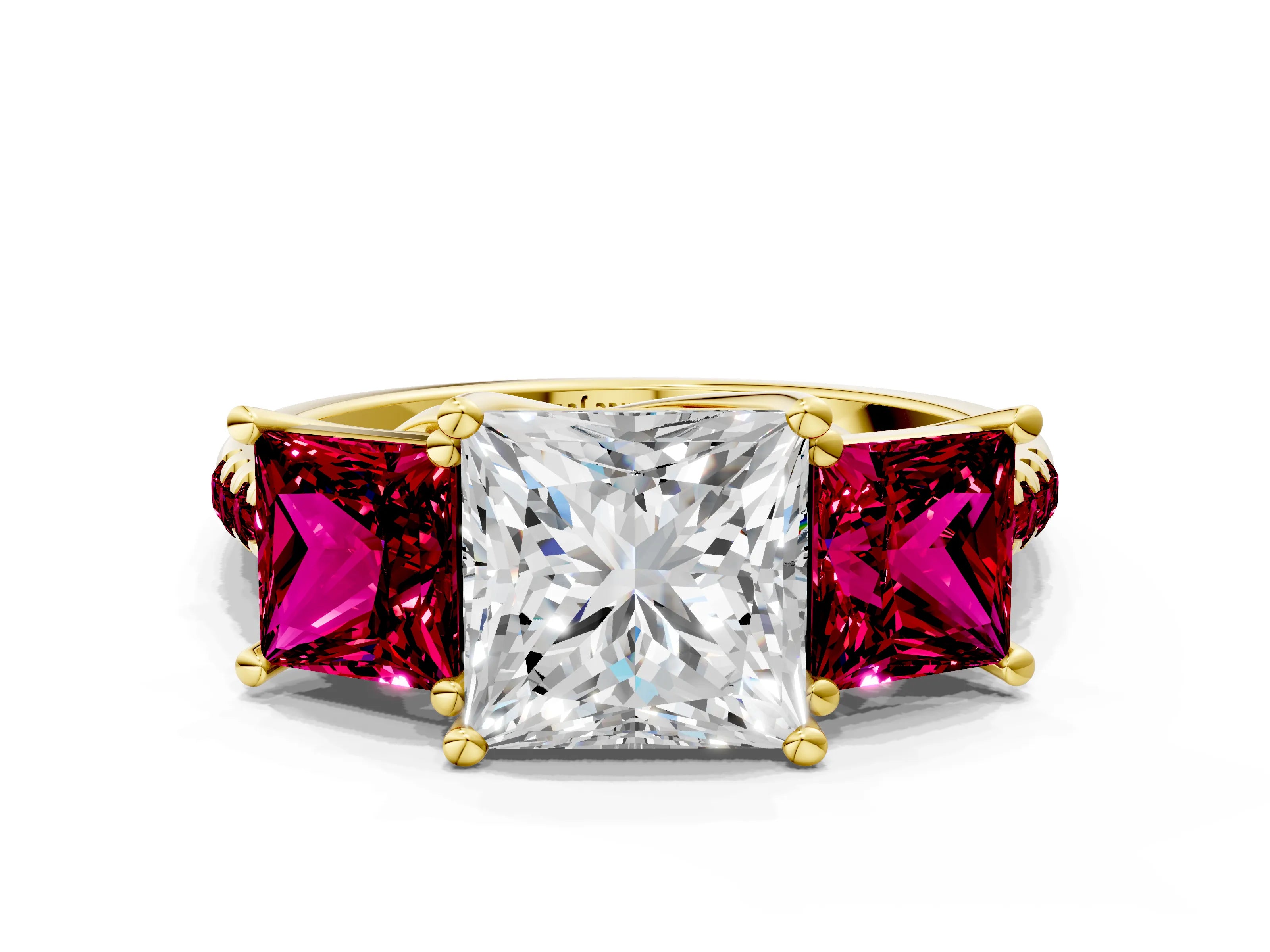 Yellow gold Three-Stone Princess Cut Diamond Ring with Round with Garnet side stone Pavé Band and Prong Setting