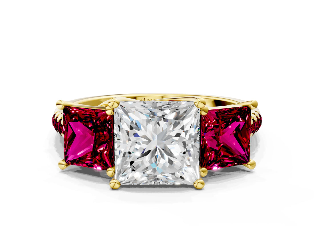Yellow gold Three-Stone Princess Cut Diamond Ring with Round with Garnet side stone Pavé Band and Prong Setting