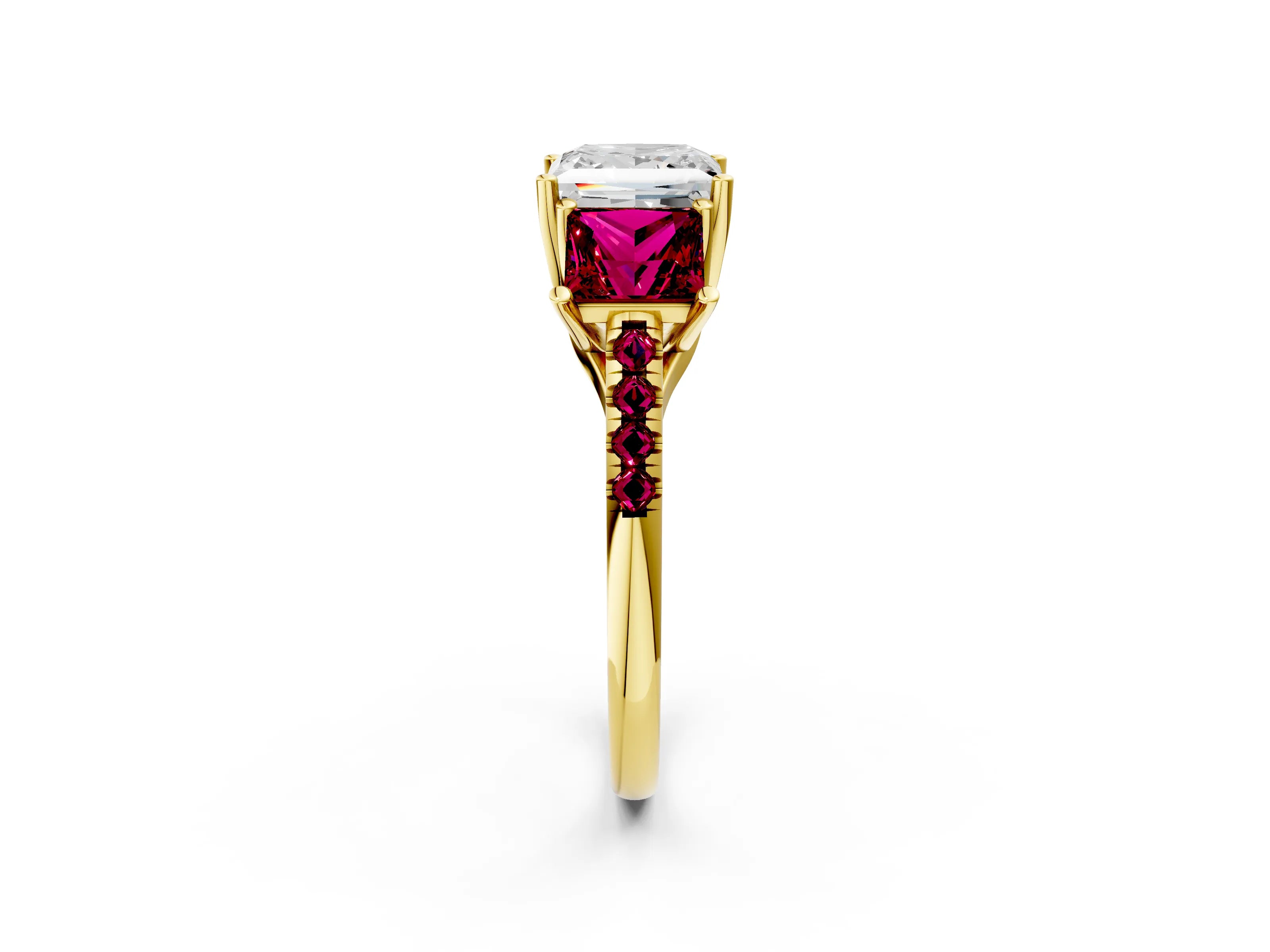 Yellow gold Three-Stone Princess Cut Diamond Ring with Round with Garnet side stone Pavé Band and Prong Setting_2