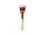 Yellow gold Three-Stone Princess Cut Diamond Ring with Round with Garnet side stone Pavé Band and Prong Setting_2
