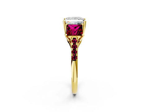 Yellow gold Three-Stone Princess Cut Diamond Ring with Round with Garnet side stone Pavé Band and Prong Setting_2