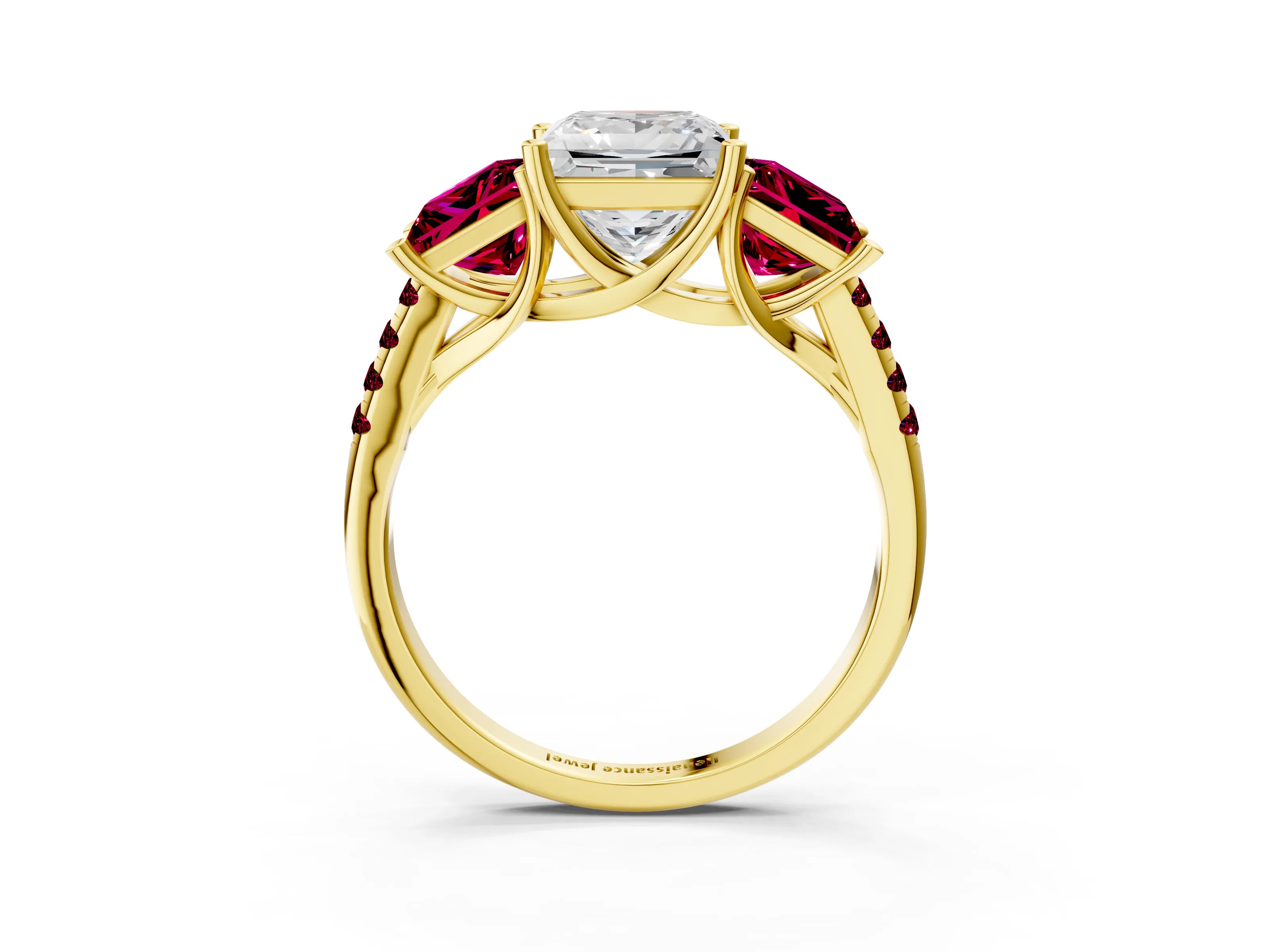 Yellow gold Three-Stone Princess Cut Diamond Ring with Round with Garnet side stone Pavé Band and Prong Setting_3