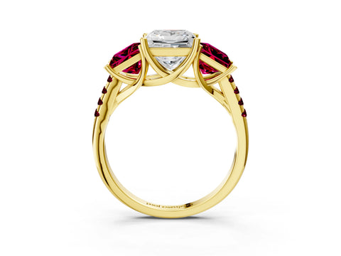 Yellow gold Three-Stone Princess Cut Diamond Ring with Round with Garnet side stone Pavé Band and Prong Setting_3