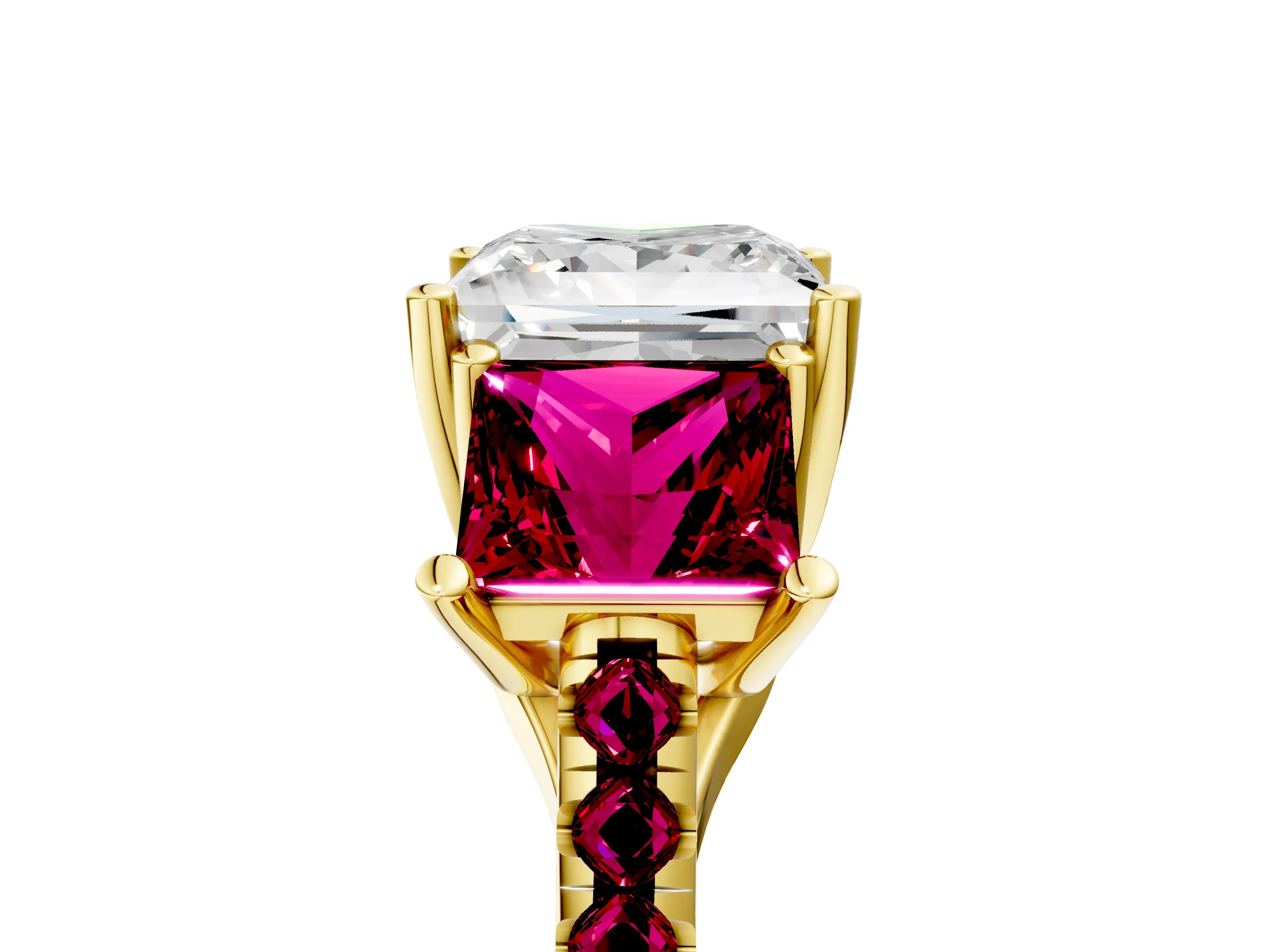Yellow gold Three-Stone Princess Cut Diamond Ring with Round with Garnet side stone Pavé Band and Prong Setting_5