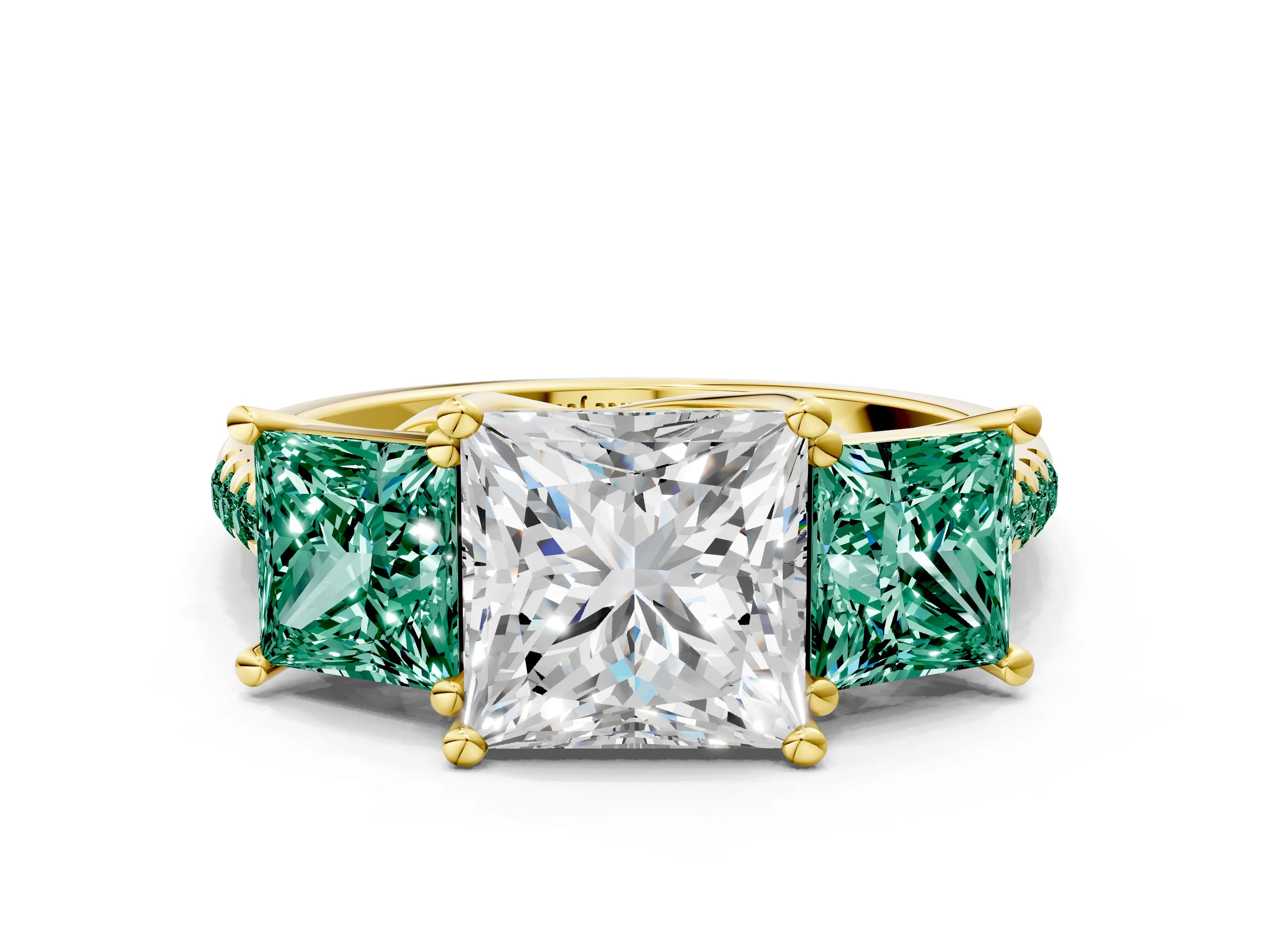 Yellow gold Three-Stone Princess Cut Diamond Ring with Round with Green Sapphire side stone Pavé Band and Prong Setting
