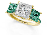Yellow gold Three-Stone Princess Cut Diamond Ring with Round with Green Sapphire side stone Pavé Band and Prong Setting_1