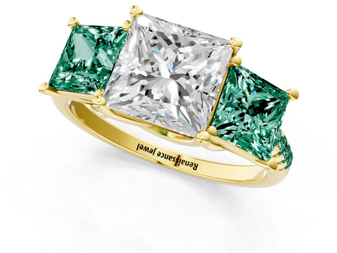 Yellow gold Three-Stone Princess Cut Diamond Ring with Round with Green Sapphire side stone Pavé Band and Prong Setting_1