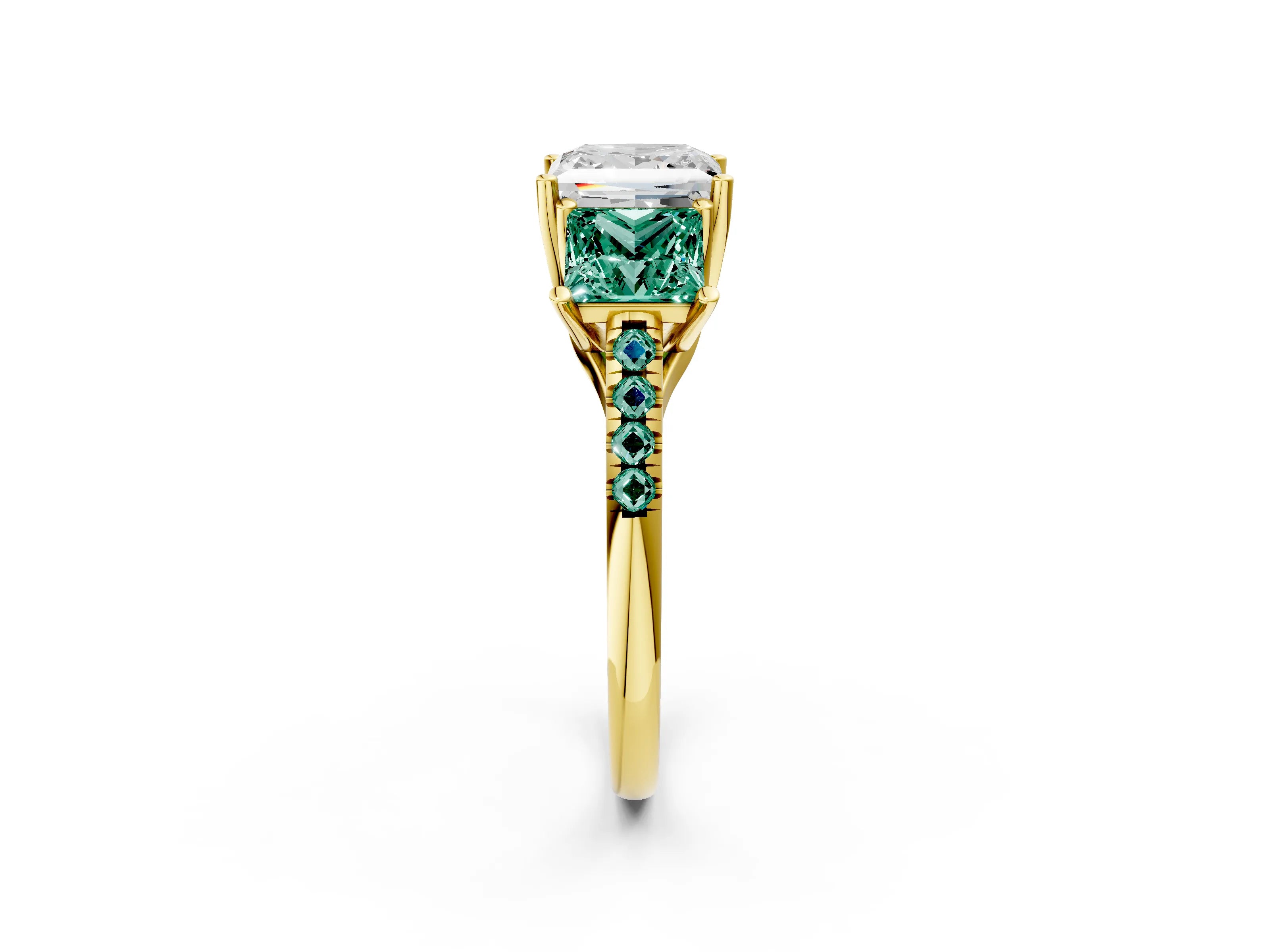 Yellow gold Three-Stone Princess Cut Diamond Ring with Round with Green Sapphire side stone Pavé Band and Prong Setting_2