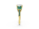 Yellow gold Three-Stone Princess Cut Diamond Ring with Round with Green Sapphire side stone Pavé Band and Prong Setting_2