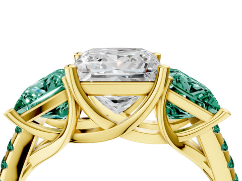 Yellow gold Three-Stone Princess Cut Diamond Ring with Round with Green Sapphire side stone Pavé Band and Prong Setting_4