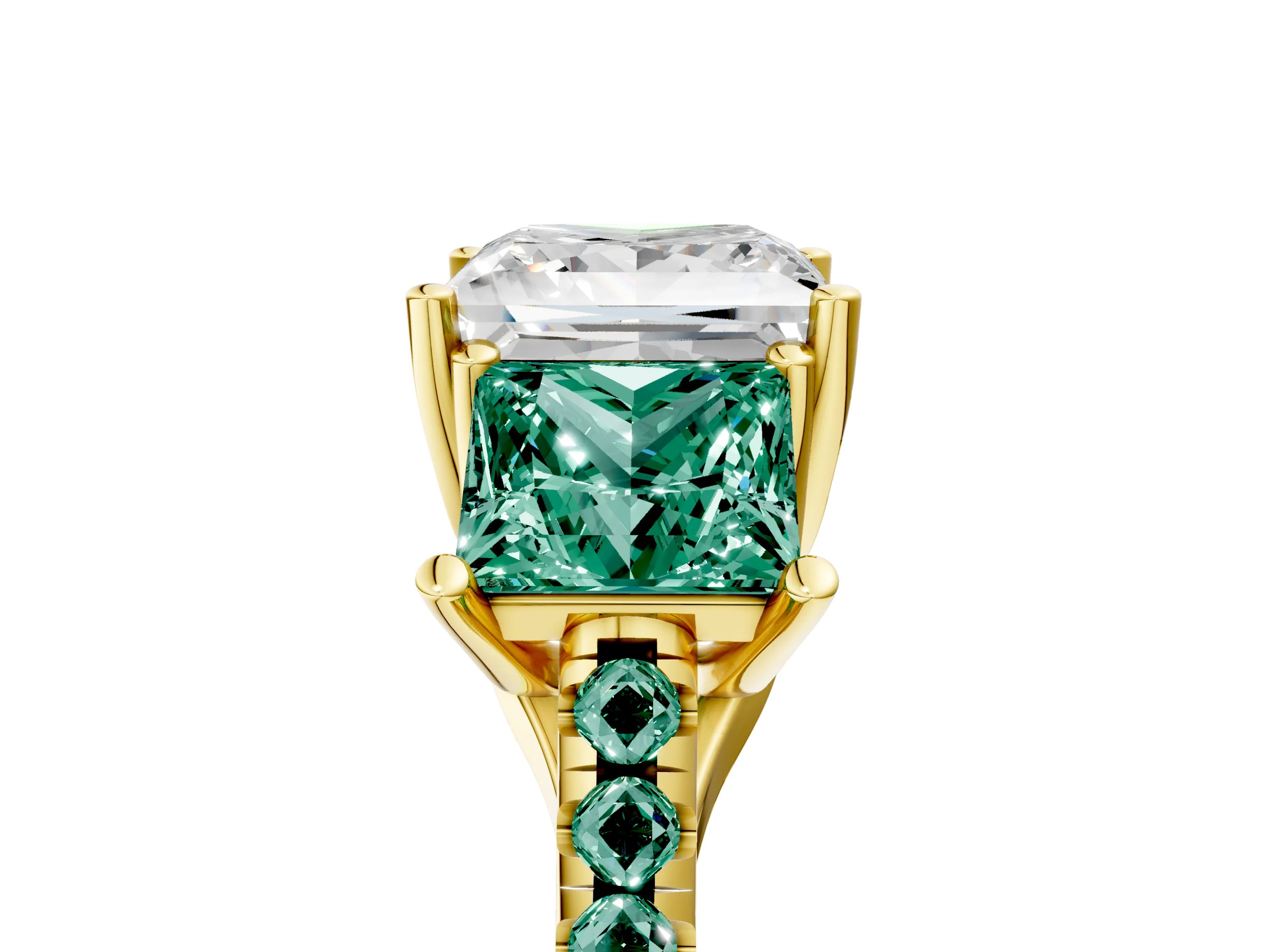 Yellow gold Three-Stone Princess Cut Diamond Ring with Round with Green Sapphire side stone Pavé Band and Prong Setting_5