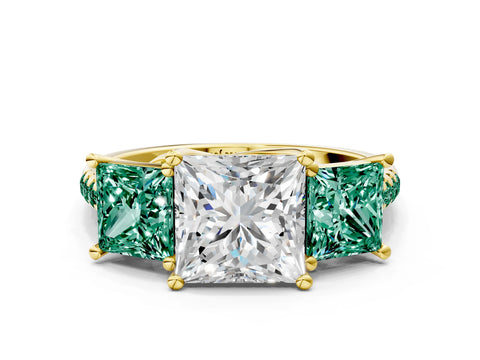 Yellow gold Three-Stone Princess Cut Diamond Ring with Round with Green Sapphire side stone Pavé Band and Prong Setting