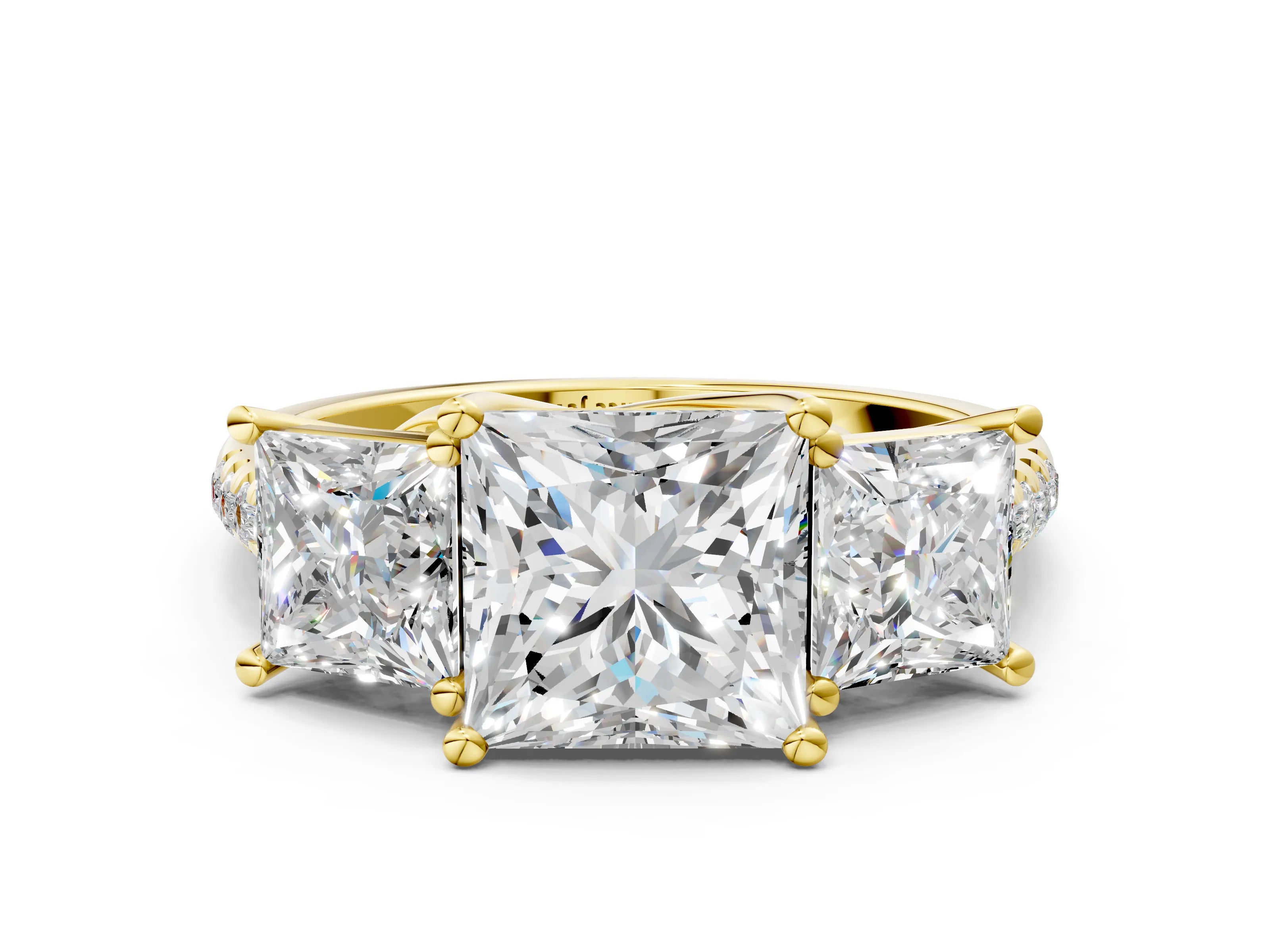 Yellow gold Three-Stone Princess Cut Diamond Ring with Round with Moissanite side stone Pavé Band and Prong Setting