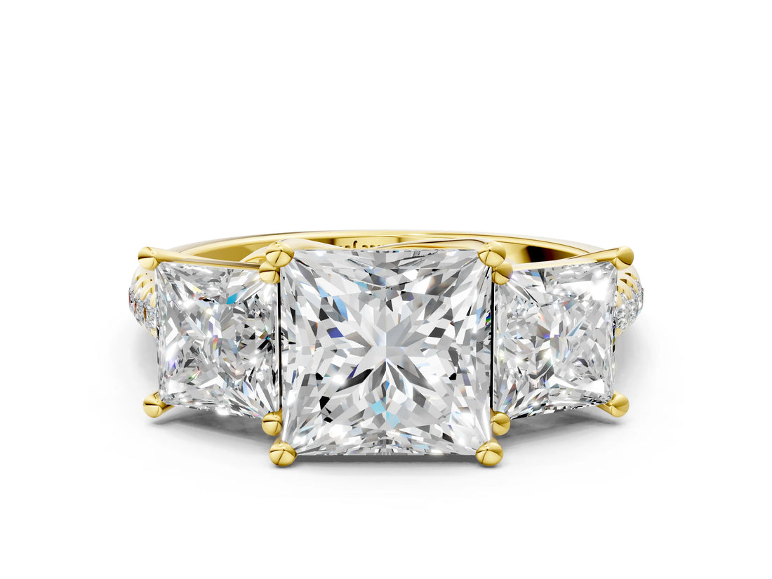 Yellow gold Three-Stone Princess Cut Diamond Ring with Round with Moissanite side stone Pavé Band and Prong Setting