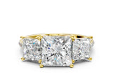 Yellow gold Three-Stone Princess Cut Diamond Ring with Round with Moissanite side stone Pavé Band and Prong Setting