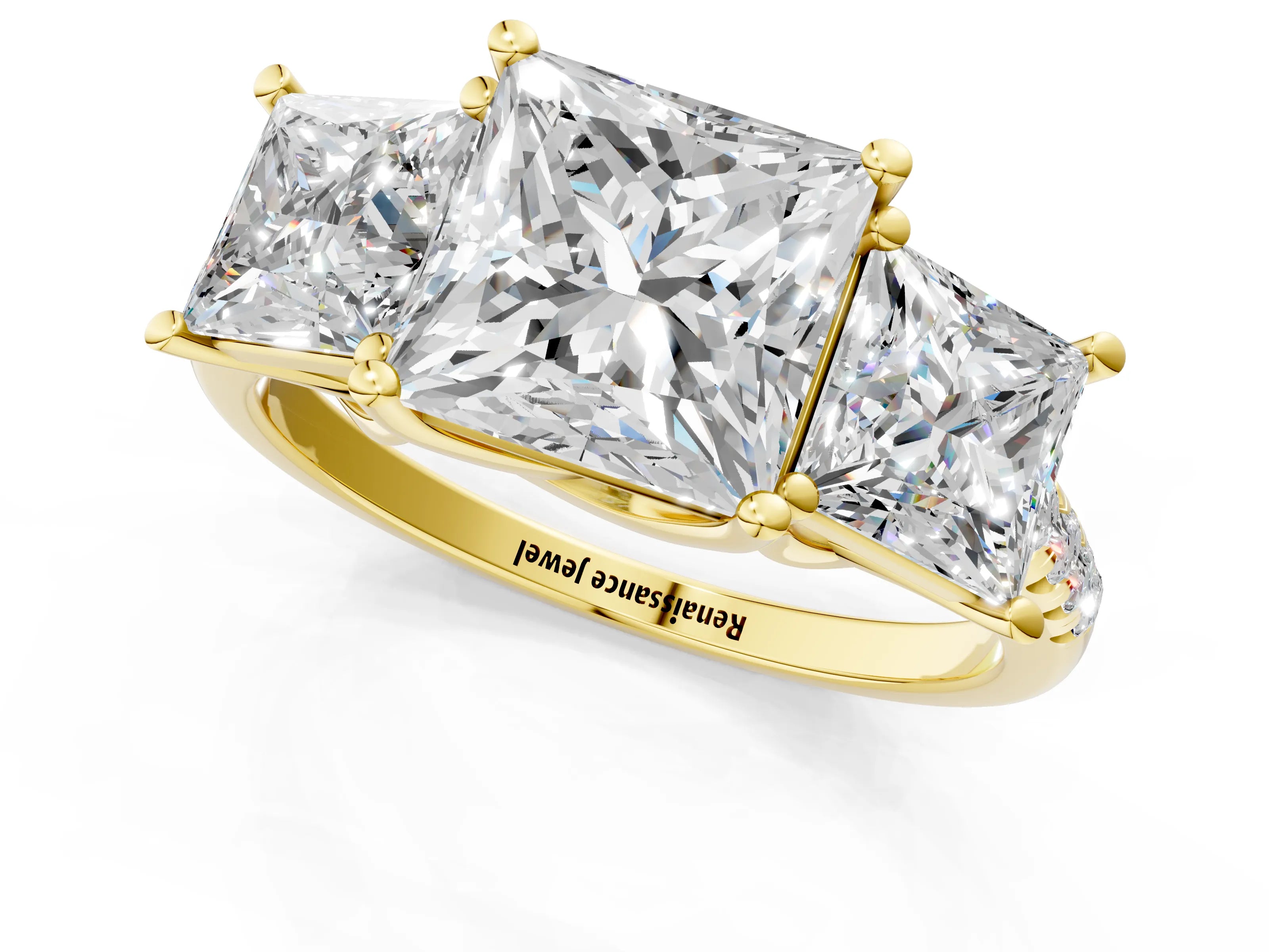 Yellow gold Three-Stone Princess Cut Diamond Ring with Round with Moissanite side stone Pavé Band and Prong Setting_1