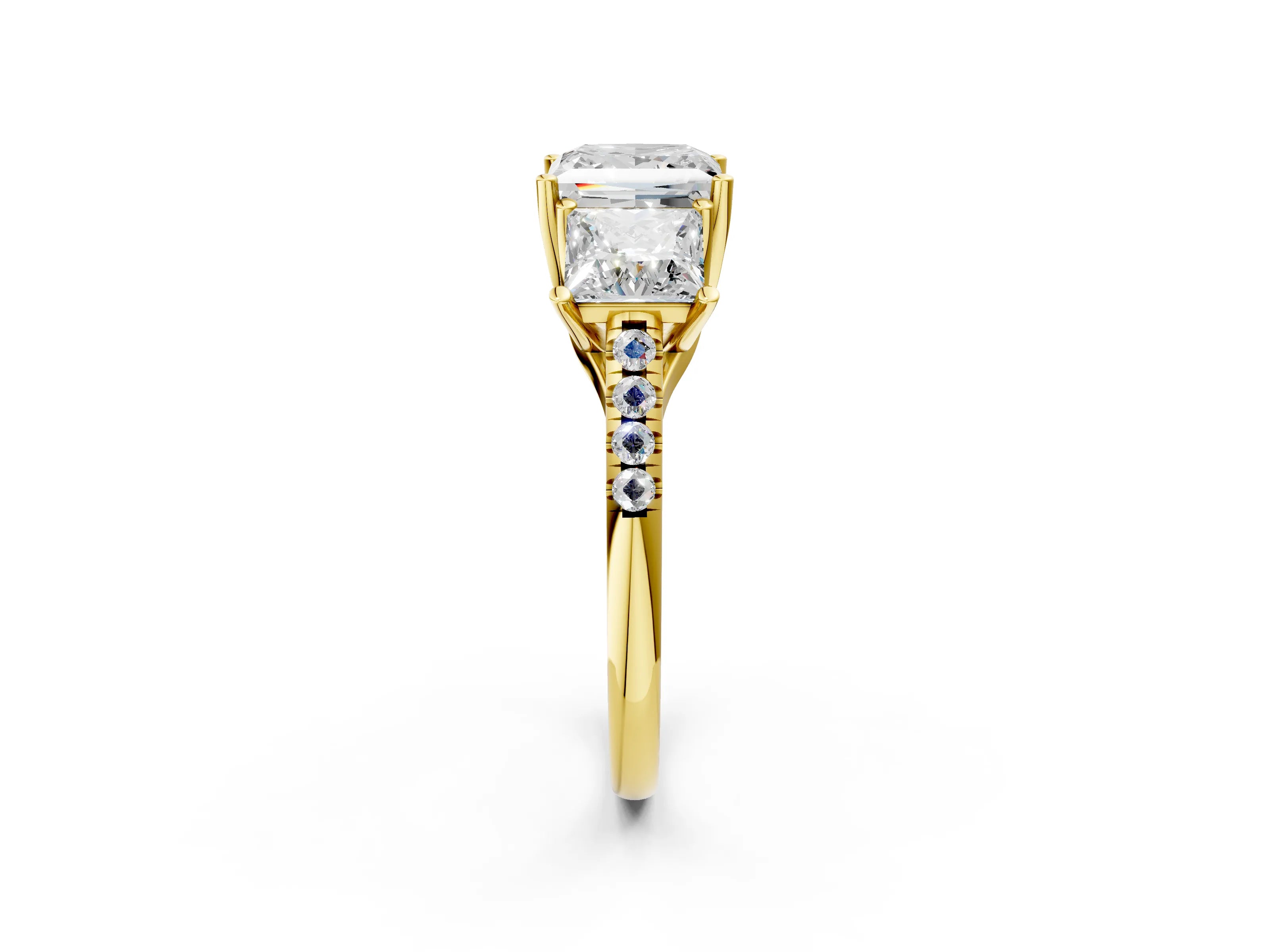 Yellow gold Three-Stone Princess Cut Diamond Ring with Round with Moissanite side stone Pavé Band and Prong Setting_2