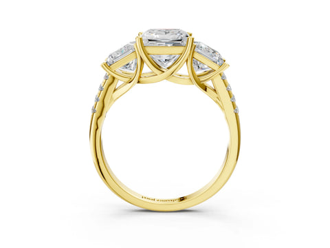 Yellow gold Three-Stone Princess Cut Diamond Ring with Round with Moissanite side stone Pavé Band and Prong Setting_3