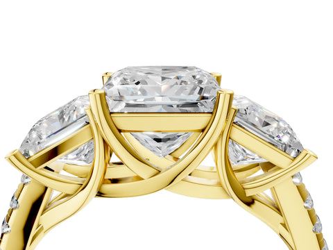 Yellow gold Three-Stone Princess Cut Diamond Ring with Round with Moissanite side stone Pavé Band and Prong Setting_4