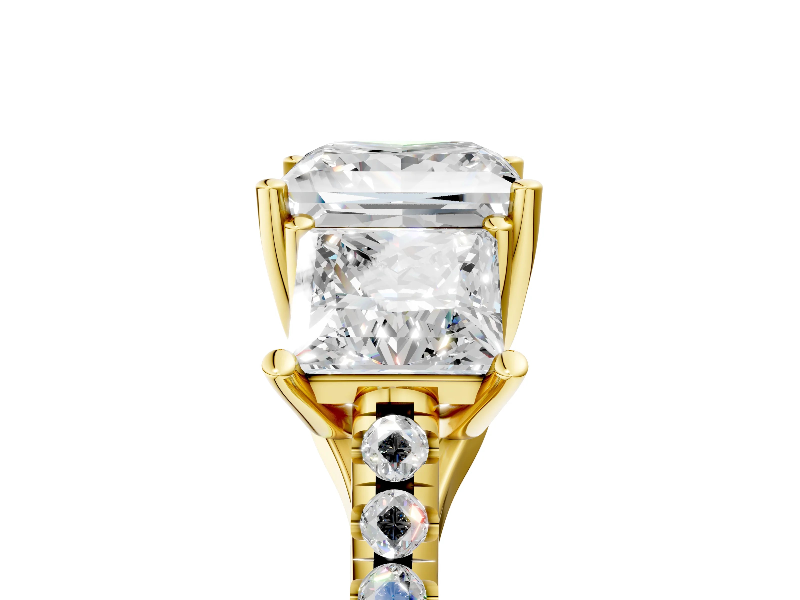 Yellow gold Three-Stone Princess Cut Diamond Ring with Round with Moissanite side stone Pavé Band and Prong Setting_5