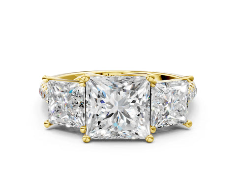 Yellow gold Three-Stone Princess Cut Diamond Ring with Round with Moissanite side stone Pavé Band and Prong Setting