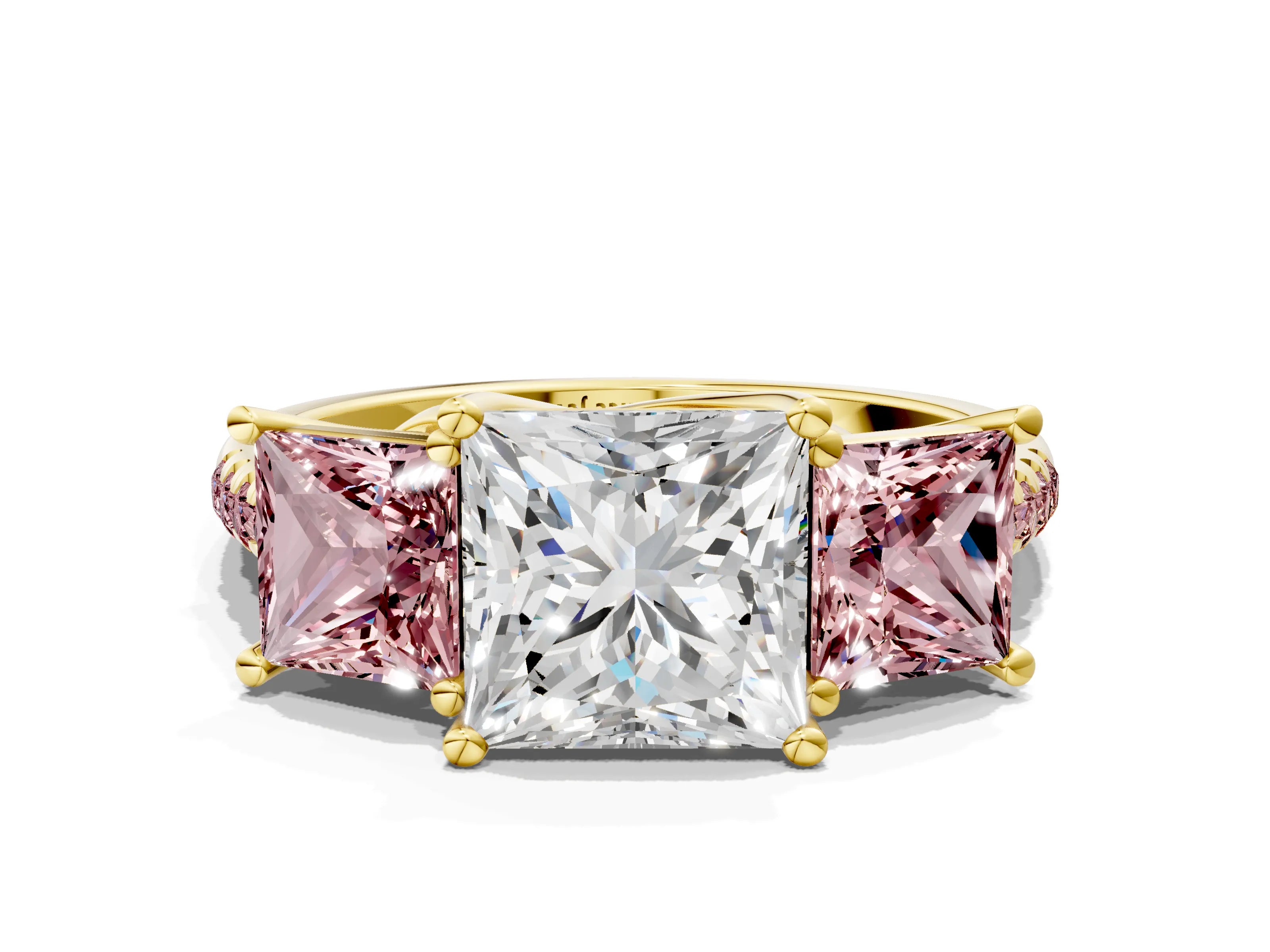 Yellow gold Three-Stone Princess Cut Diamond Ring with Round with Morganite side stone Pavé Band and Prong Setting