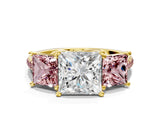 Yellow gold Three-Stone Princess Cut Diamond Ring with Round with Morganite side stone Pavé Band and Prong Setting