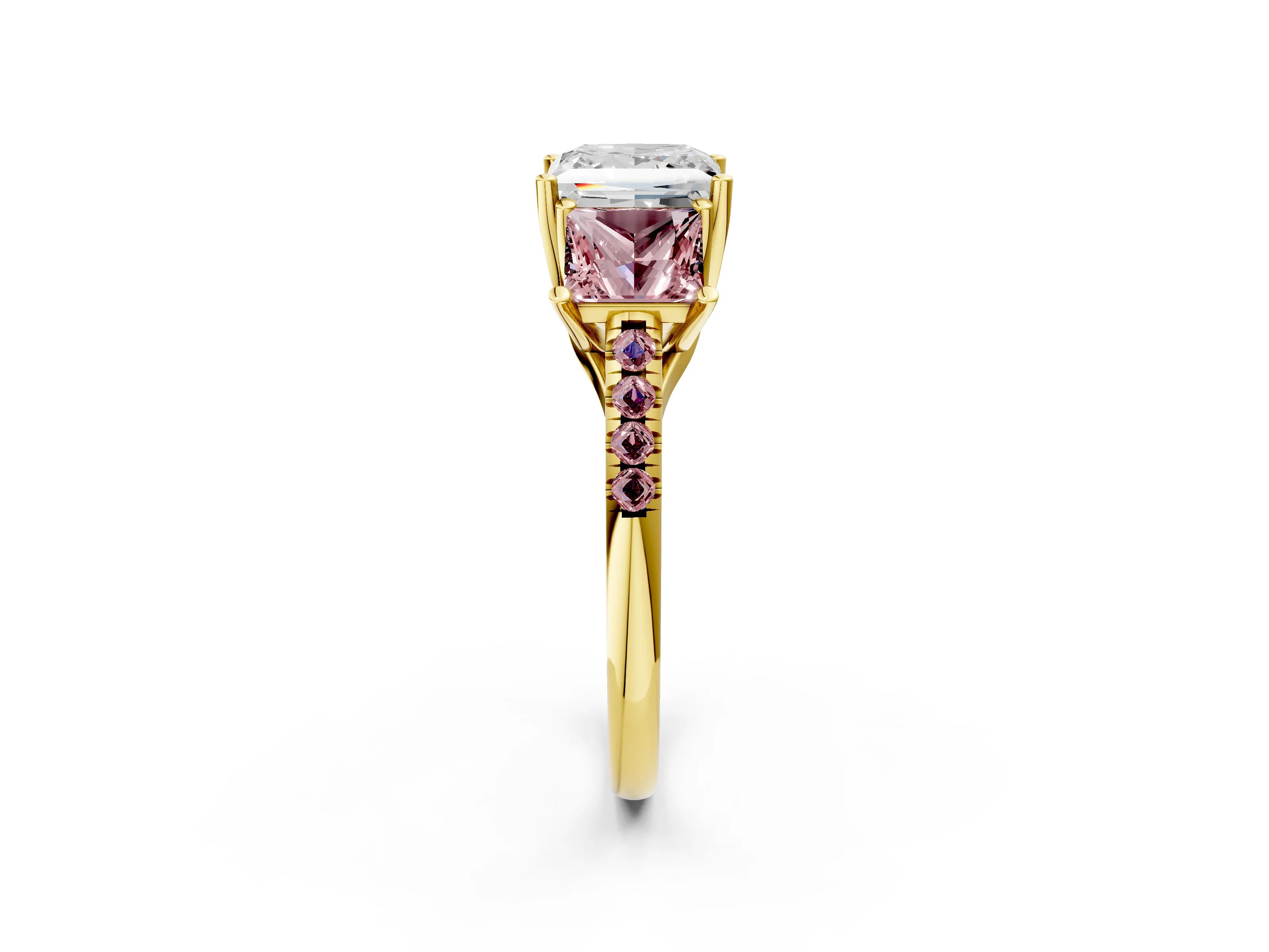 Yellow gold Three-Stone Princess Cut Diamond Ring with Round with Morganite side stone Pavé Band and Prong Setting_2