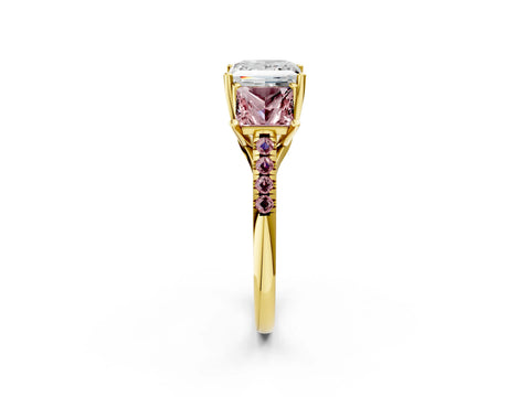 Yellow gold Three-Stone Princess Cut Diamond Ring with Round with Morganite side stone Pavé Band and Prong Setting_2