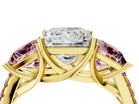 Yellow gold Three-Stone Princess Cut Diamond Ring with Round with Morganite side stone Pavé Band and Prong Setting_4