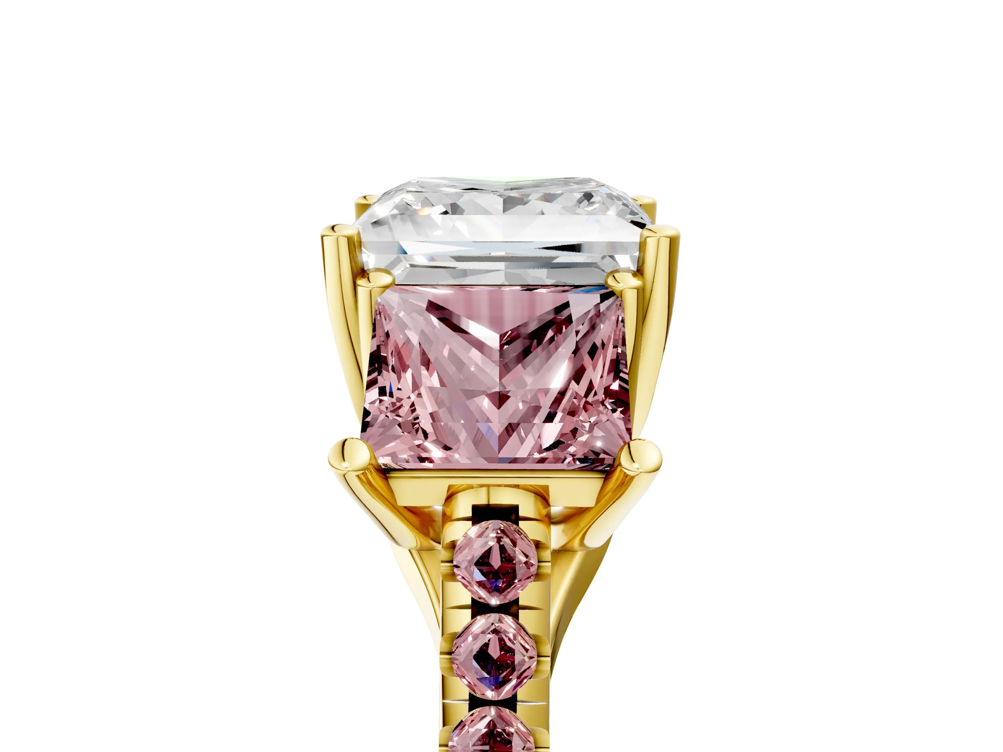 Yellow gold Three-Stone Princess Cut Diamond Ring with Round with Morganite side stone Pavé Band and Prong Setting_5