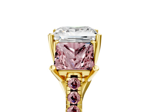 Yellow gold Three-Stone Princess Cut Diamond Ring with Round with Morganite side stone Pavé Band and Prong Setting_5