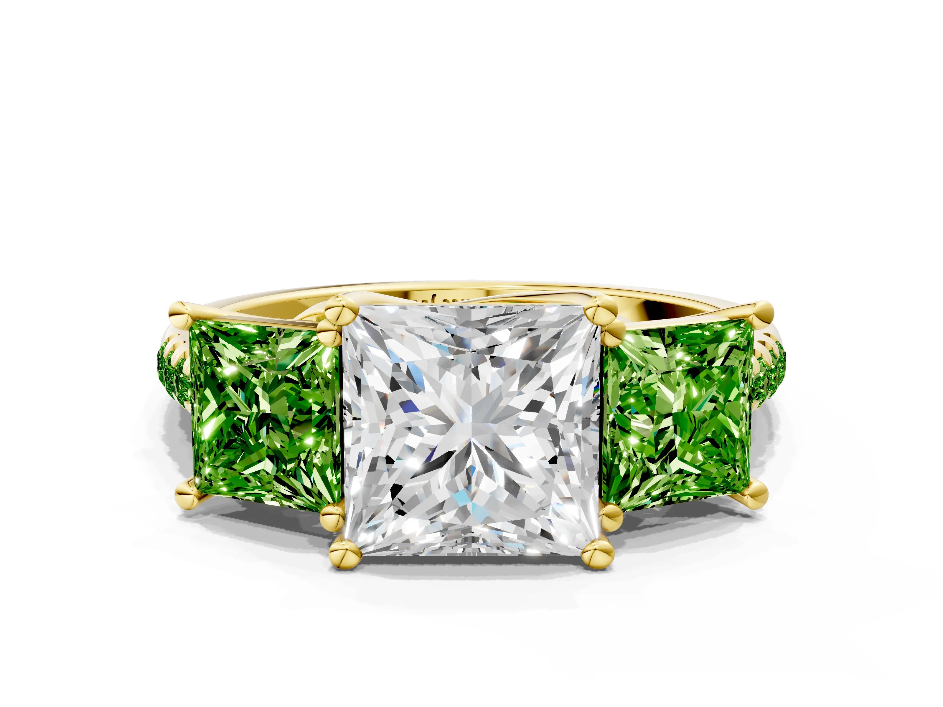 Yellow gold Three-Stone Princess Cut Diamond Ring with Round with Peridot side stone Pavé Band and Prong Setting