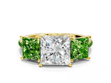 Yellow gold Three-Stone Princess Cut Diamond Ring with Round with Peridot side stone Pavé Band and Prong Setting